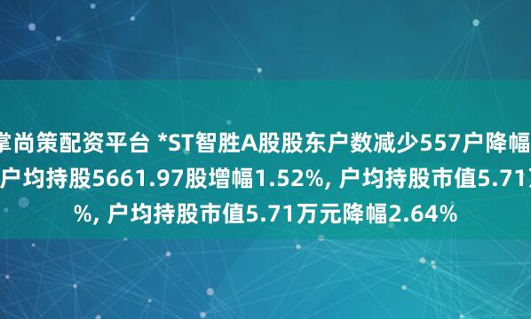 掌尚策配资平台 *ST智胜A股股东户数减少557户降幅1.50%, 流通A股户均持股5661.97股增幅1.52%, 户均持股市值5.71万元降幅2.64%